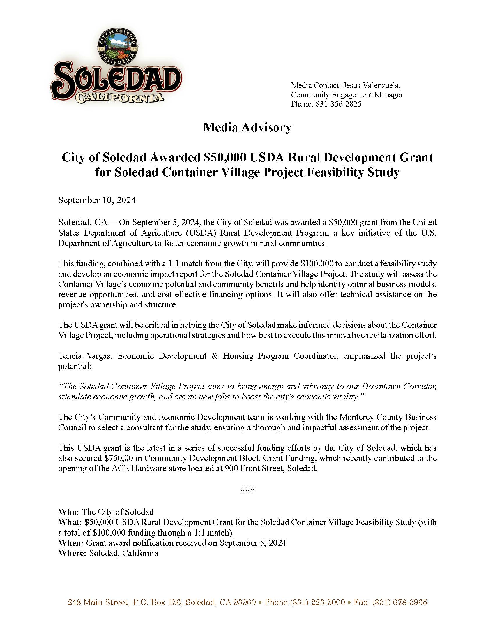 City of Soledad Awarded $50, 000 from USDA 9.10.24